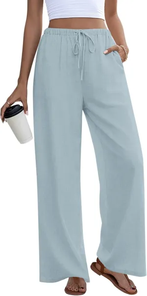 Anymeet Women's Linen Summer Palazzo Pants Flowy Wide Leg Beach Trousers M-3XL