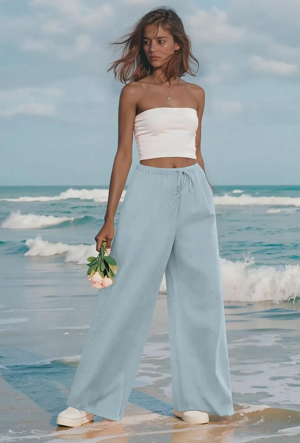 Anymeet Women's Linen Summer Palazzo Pants Flowy Wide Leg Beach Trousers M-3XL