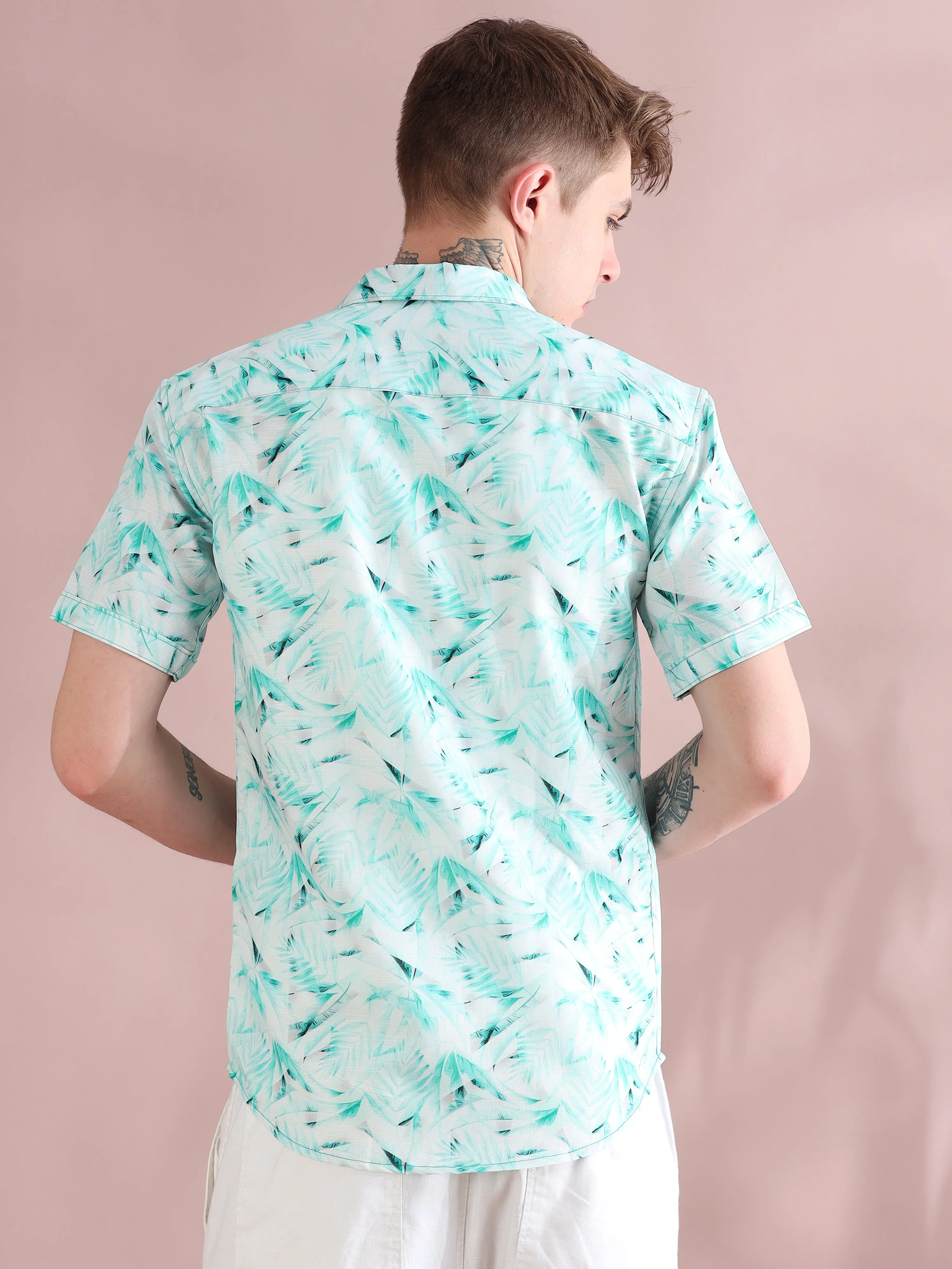 Aqua Palm Print Linen Shirt