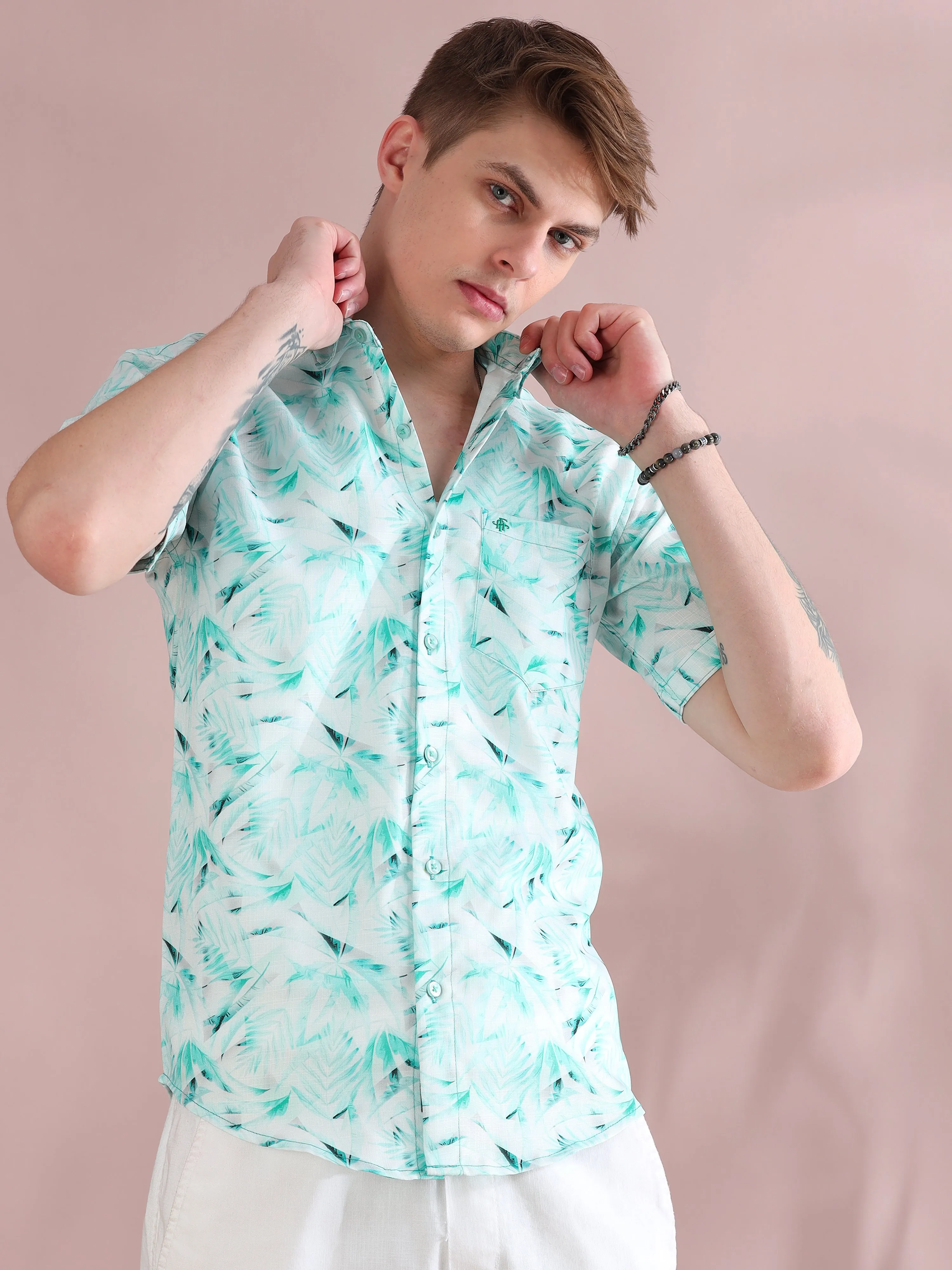 Aqua Palm Print Linen Shirt