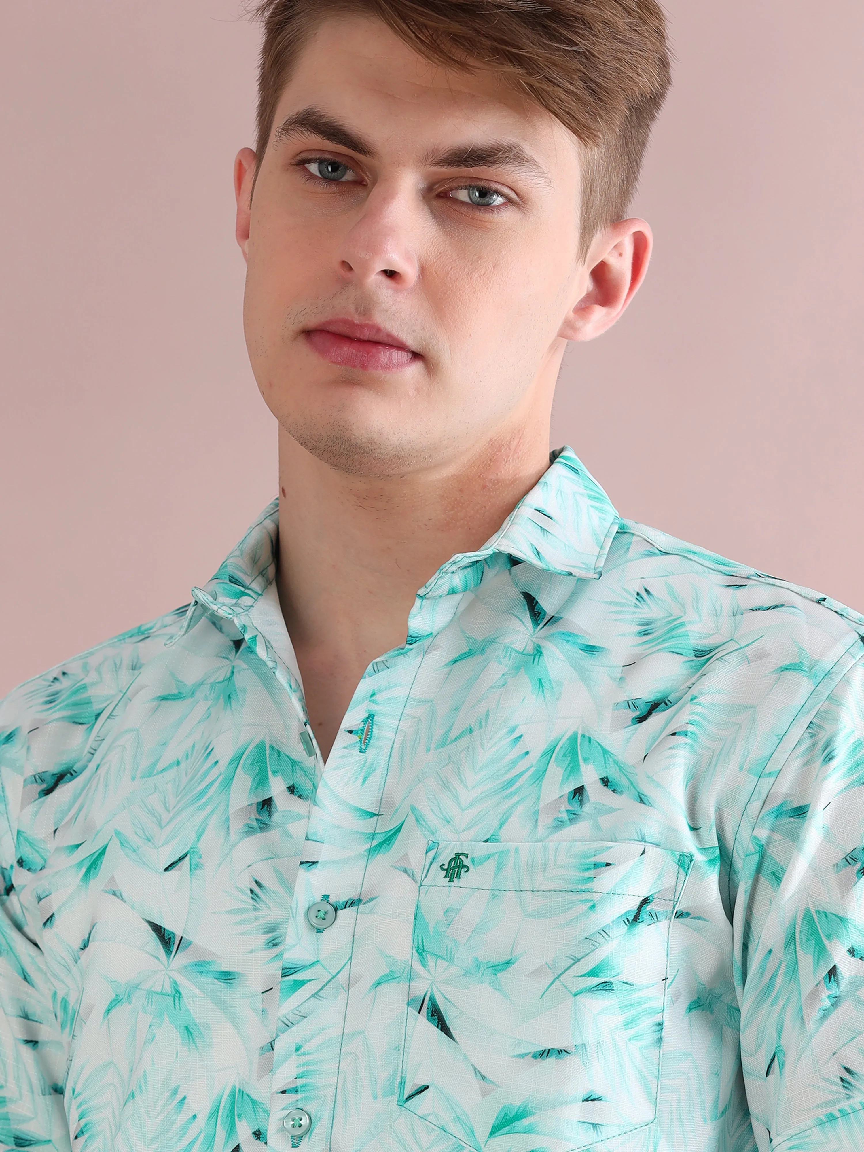Aqua Palm Print Linen Shirt