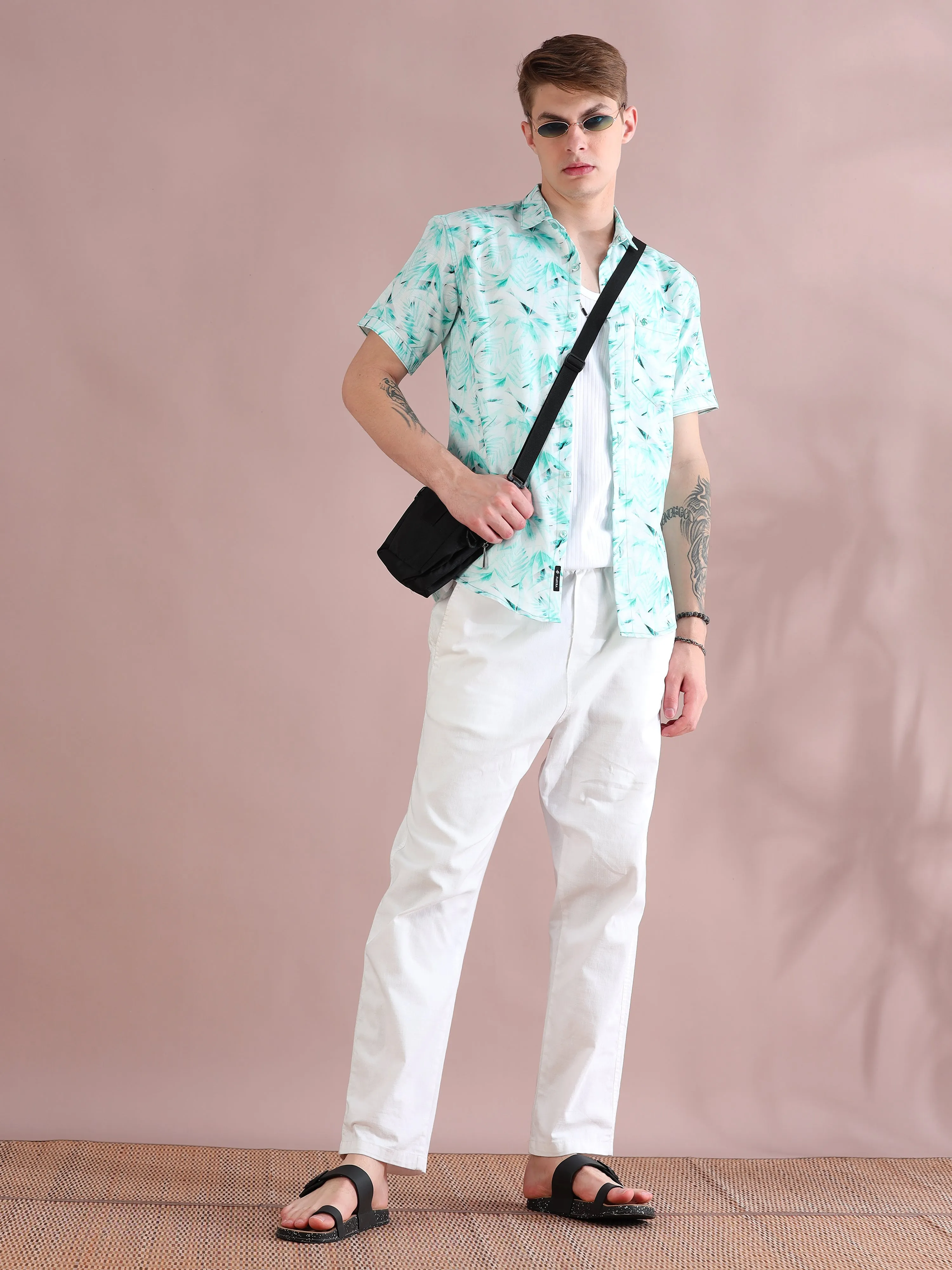 Aqua Palm Print Linen Shirt