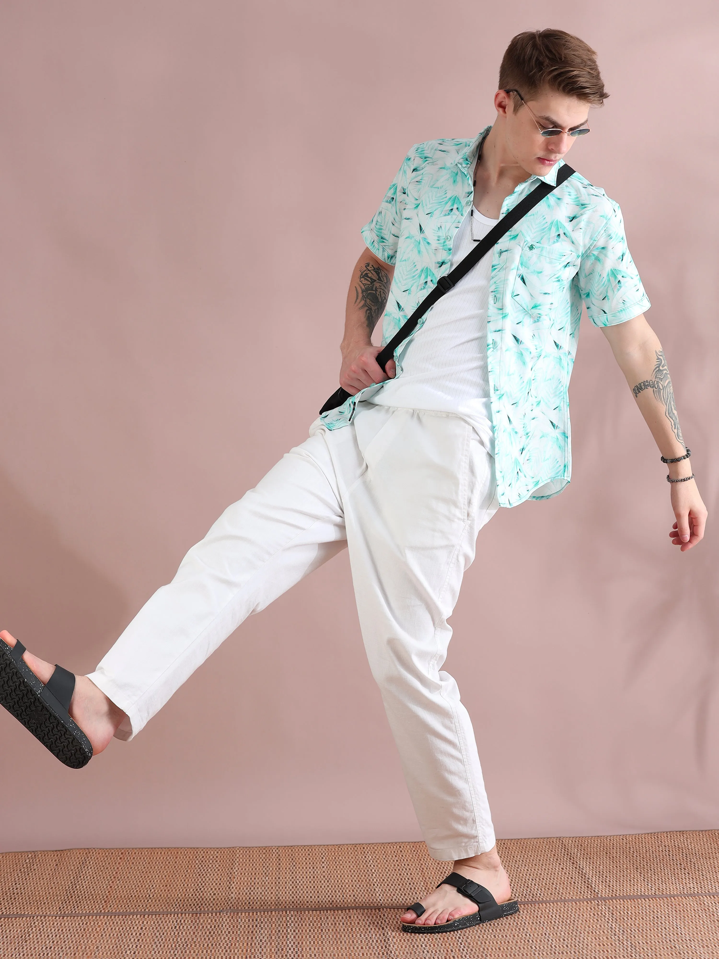 Aqua Palm Print Linen Shirt