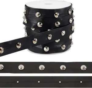 arricraft 9 Yards(8.2m) PU Leathers Lace with Rivet, 0.8inch Wide Black Studded Beading String Gothic Leathers Trim with Brass Cone Stud Punk Style Rope with Spool for DIY Sewing Crafting