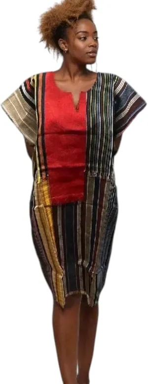 ASO Oke Midi Dress with Denim Accent, Multicolor Striped, Short Sleeve