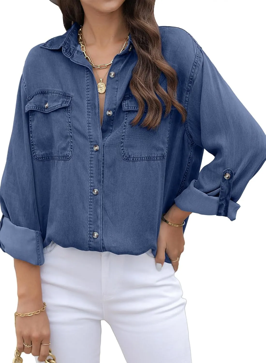 Astylish Women Button Down Denim Shirts Casual Long Sleeve V Neck Chambray Blouse Top