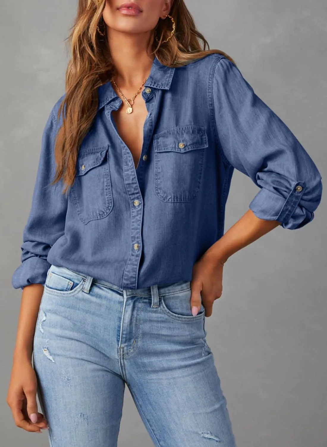 Astylish Women Button Down Denim Shirts Casual Long Sleeve V Neck Chambray Blouse Top
