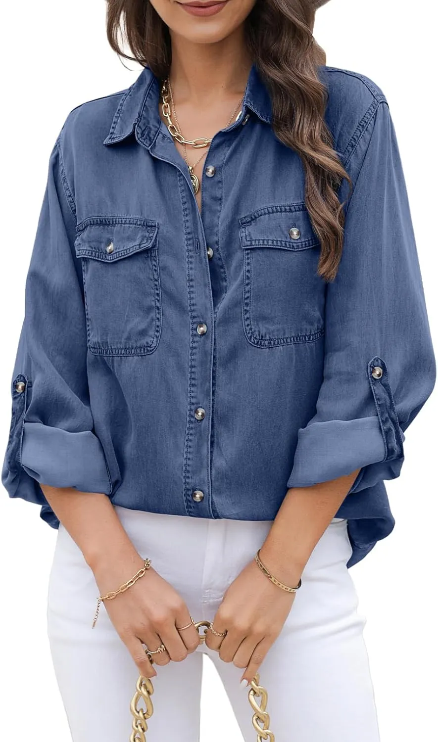 Astylish Women Button Down Denim Shirts Casual Long Sleeve V Neck Chambray Blouse Top
