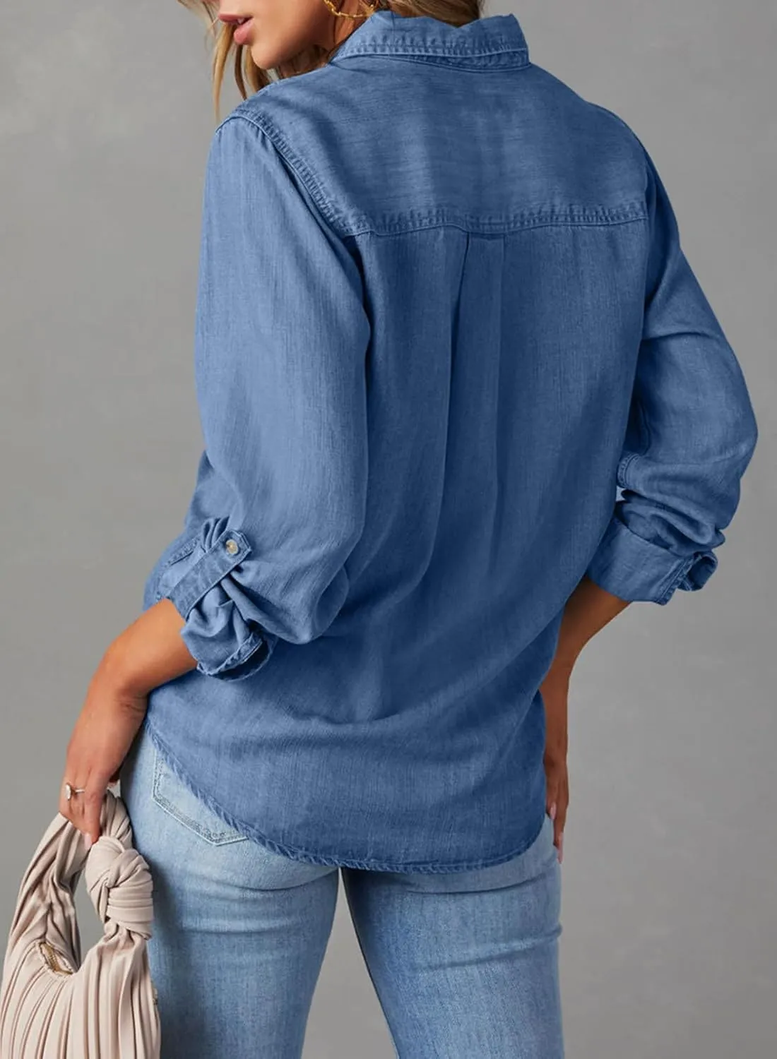Astylish Women Button Down Denim Shirts Casual Long Sleeve V Neck Chambray Blouse Top
