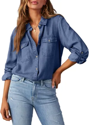 Astylish Women Button Down Denim Shirts Casual Long Sleeve V Neck Chambray Blouse Top