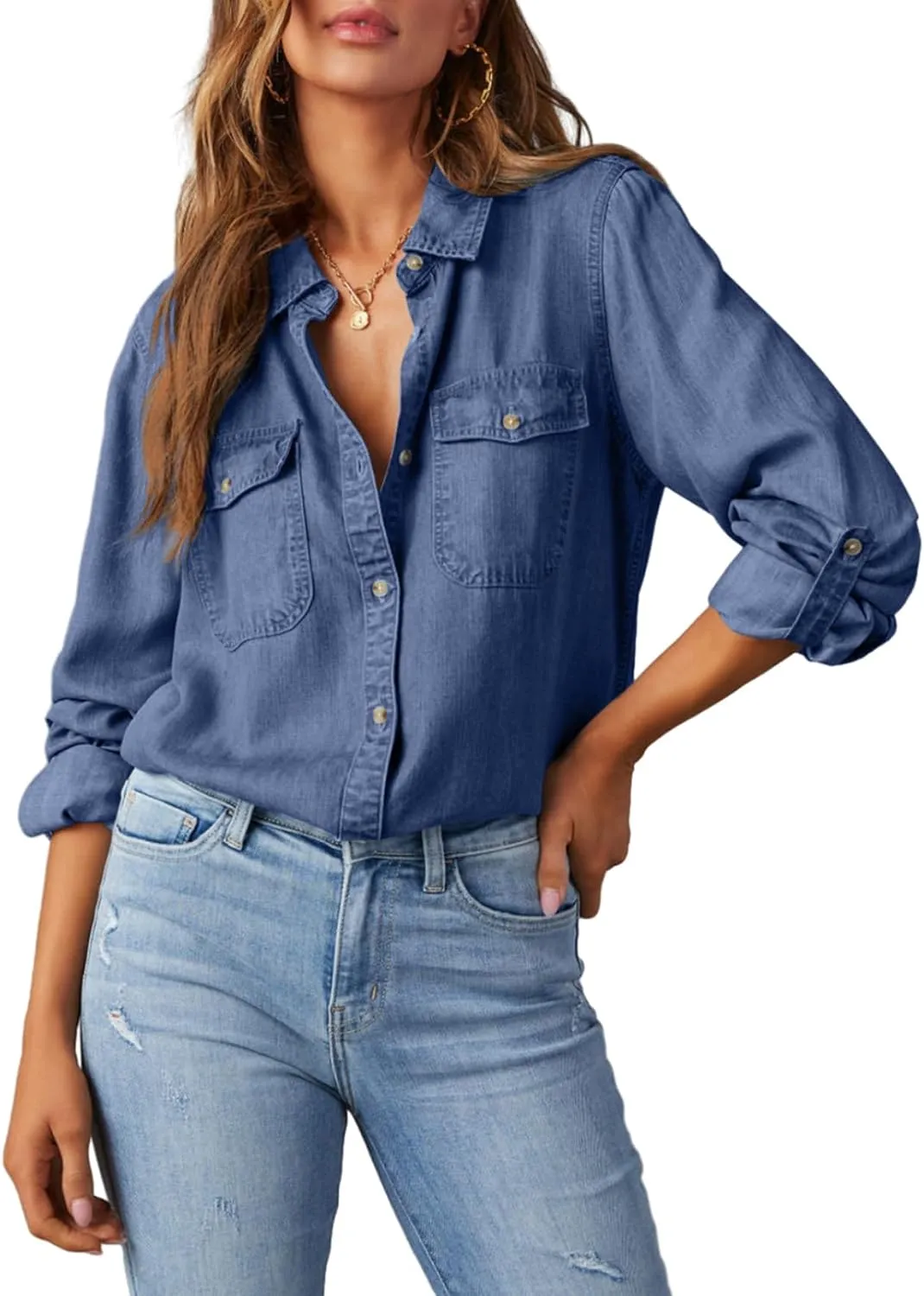 Astylish Women Button Down Denim Shirts Casual Long Sleeve V Neck Chambray Blouse Top