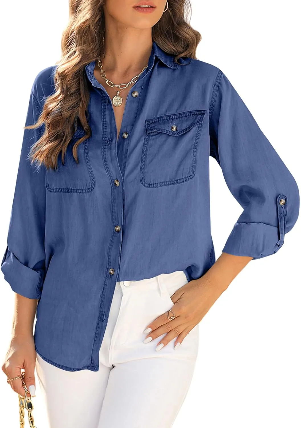 Astylish Women Button Down Denim Shirts Casual Long Sleeve V Neck Chambray Blouse Top