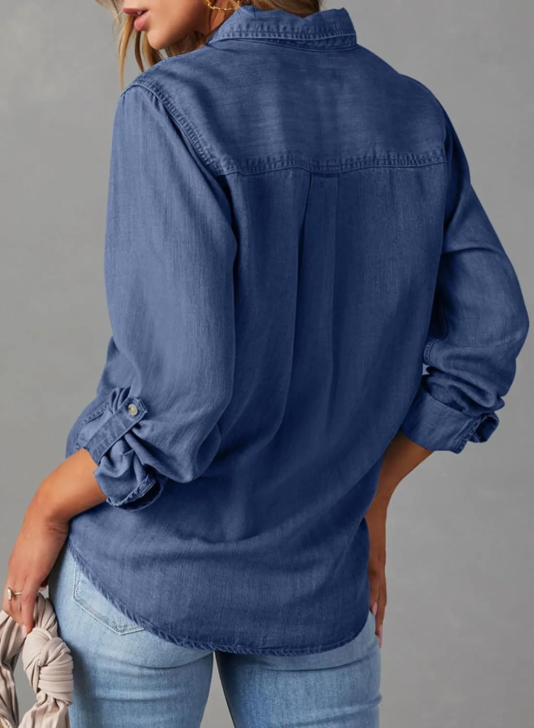 Astylish Women Button Down Denim Shirts Casual Long Sleeve V Neck Chambray Blouse Top