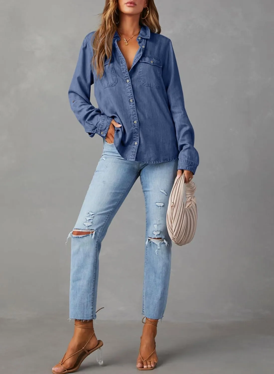 Astylish Women Button Down Denim Shirts Casual Long Sleeve V Neck Chambray Blouse Top
