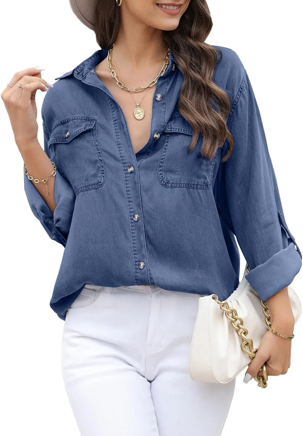 Astylish Women Button Down Denim Shirts Casual Long Sleeve V Neck Chambray Blouse Top