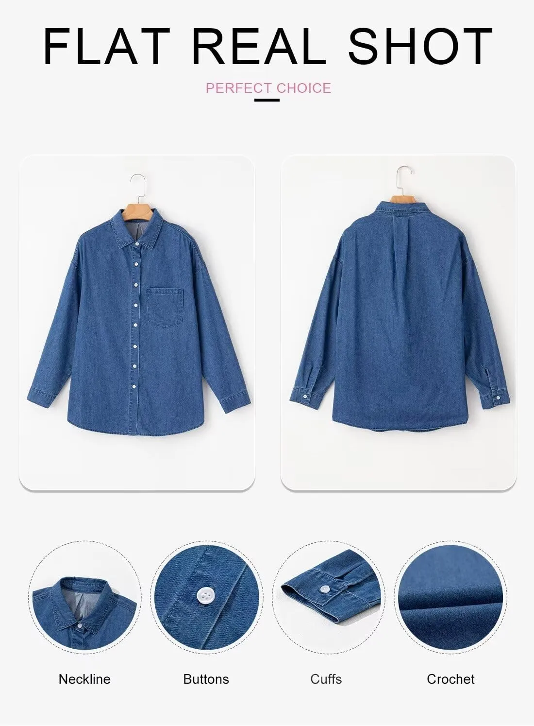 Astylish Women Denim Shirts Button Down Blouse V Neck Casual Tops