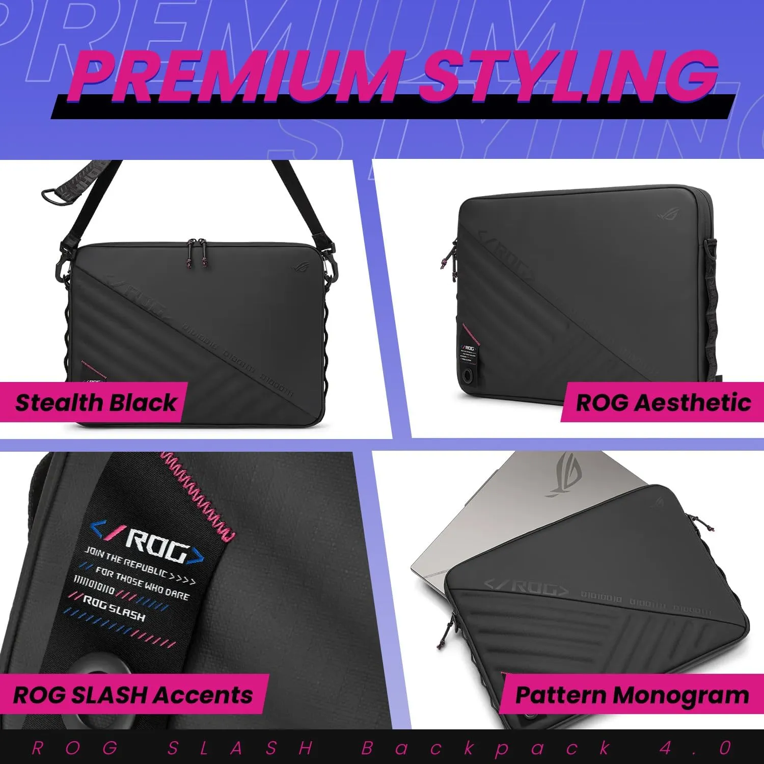 ASUS ROG Slash Sleeve Bag 4.0, Fit 16" Laptop, Adaptor, and Mouse, Tear-Resistant, Water-Repellent, PU Leather, Adjustable Shoulder Strap, Three-point Fixation Strap, Multiple Pockets, Black