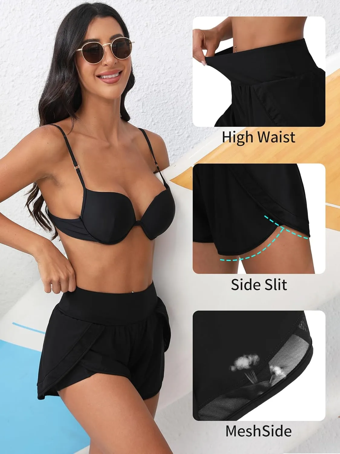 ATTRACO Women Swim Shorts Side Split Swim Trunk 2 in 1 Board Shorts with Pockets Swim Bottom