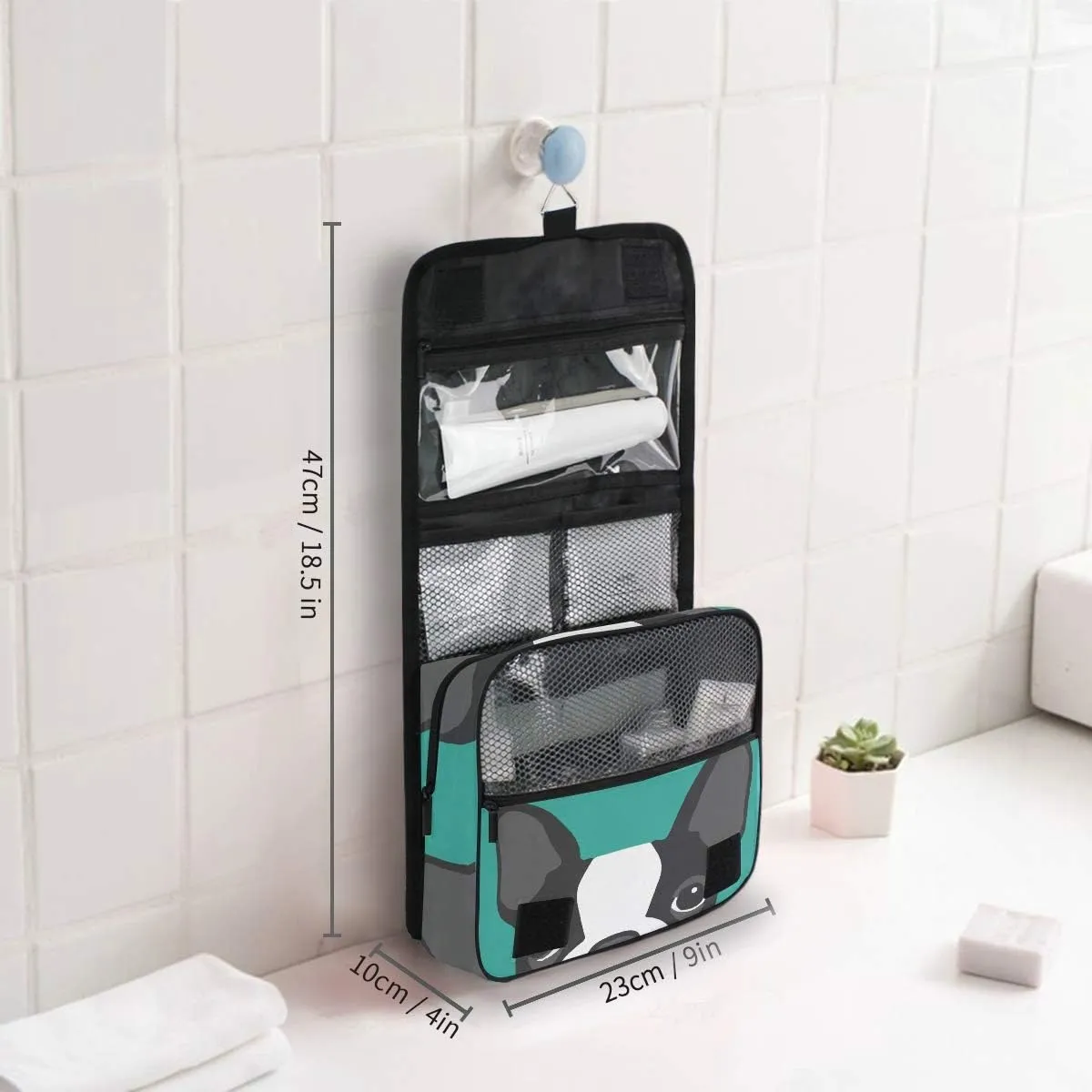 AUUXVA Travel Toiletry Bag Boston Terrier Dog Cosmetic Organizer Bag Hanging Makeup Bag with Zipper Pocket and Handle, Portable Wash Bag for Women Men Girls