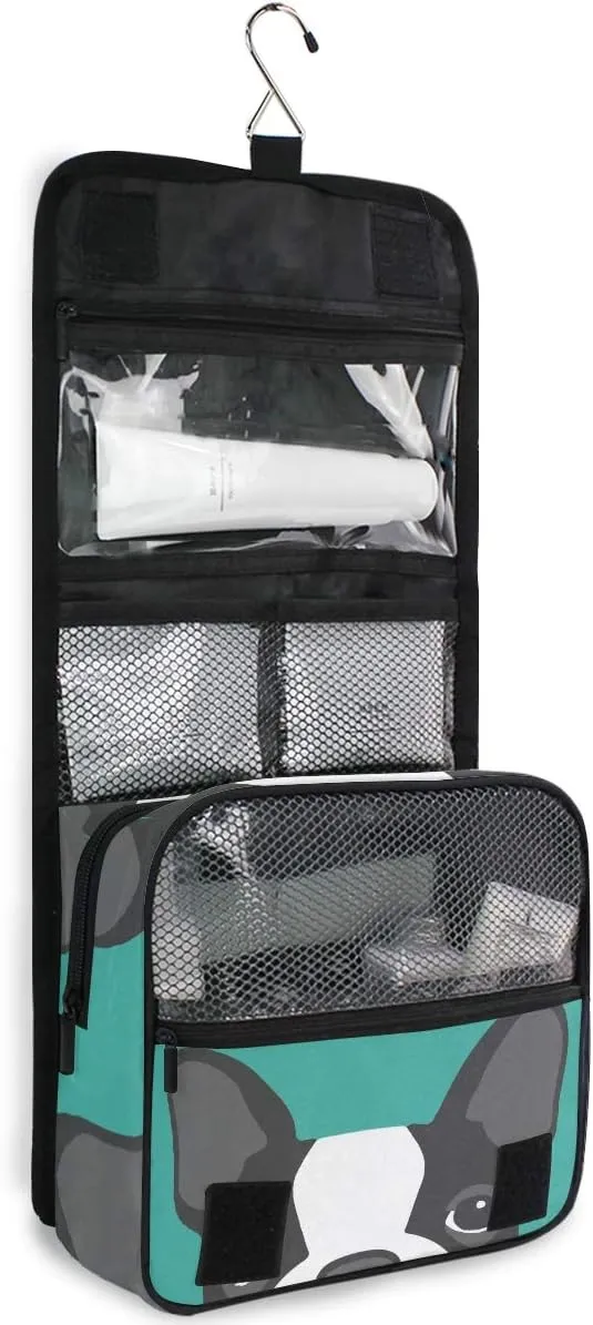 AUUXVA Travel Toiletry Bag Boston Terrier Dog Cosmetic Organizer Bag Hanging Makeup Bag with Zipper Pocket and Handle, Portable Wash Bag for Women Men Girls