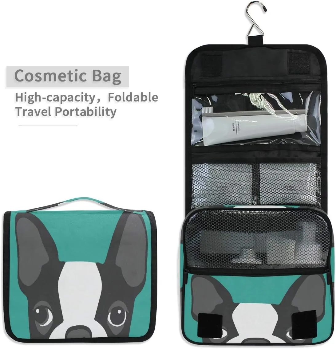 AUUXVA Travel Toiletry Bag Boston Terrier Dog Cosmetic Organizer Bag Hanging Makeup Bag with Zipper Pocket and Handle, Portable Wash Bag for Women Men Girls