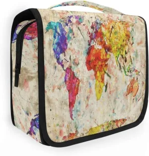 AUUXVA Travel Toiletry Bag Watercolor Vintage World Map Colorful Paint Cosmetic Organizer Bag Hanging Makeup Bag with Zipper Pocket and Handle, Portable Wash Bag for Women Men Girls