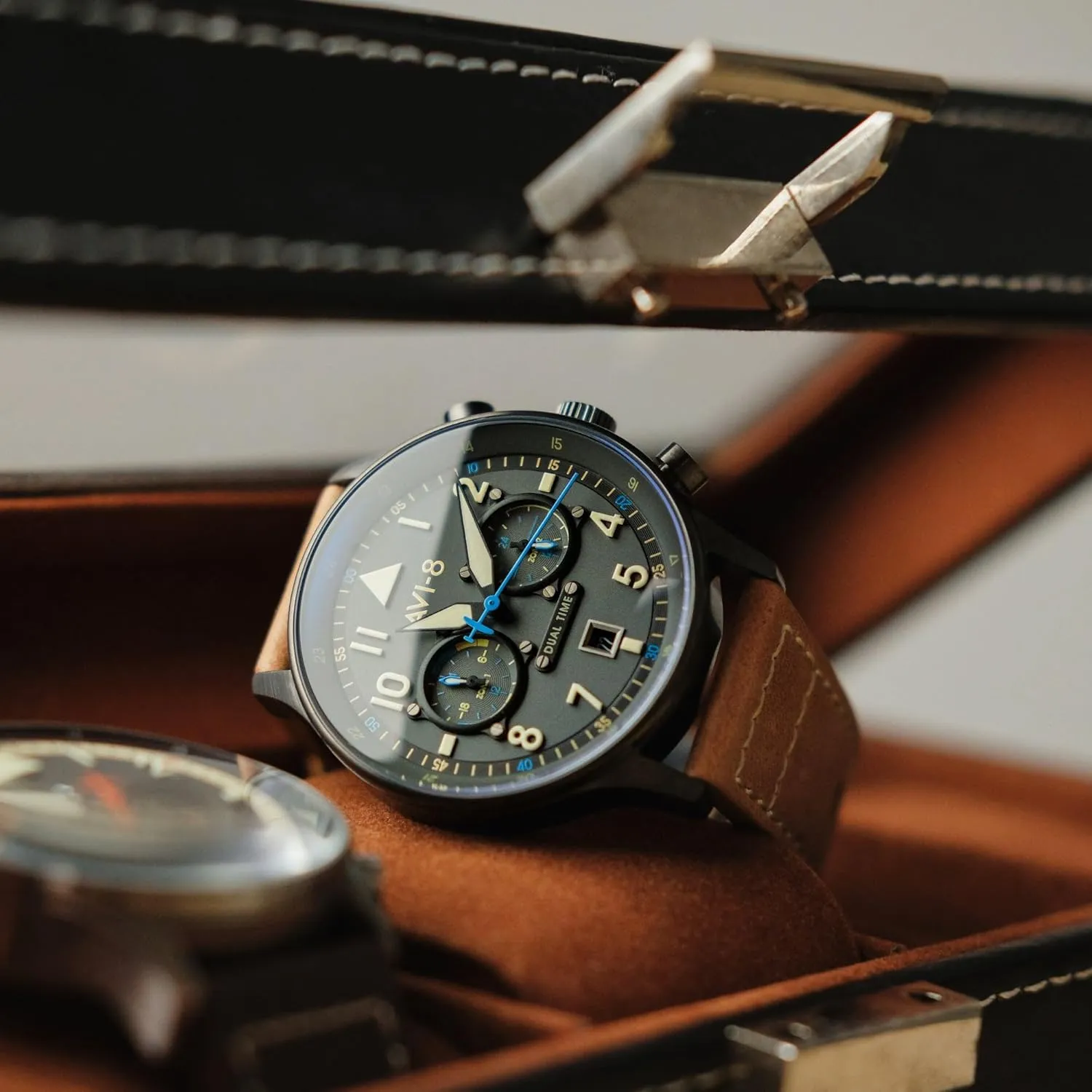AVI-8 Mens 43.5mm Hawker Hurricane Carey Dual Time Japanese Quartz Pilot Watch with Leather or Stainless Steel Strap AV-4088