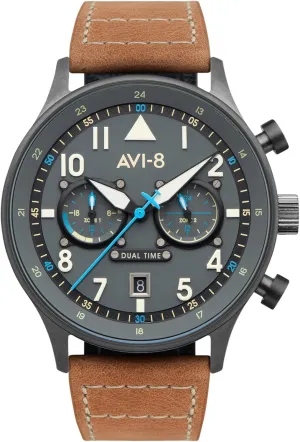 AVI-8 Mens 43.5mm Hawker Hurricane Carey Dual Time Japanese Quartz Pilot Watch with Leather or Stainless Steel Strap AV-4088