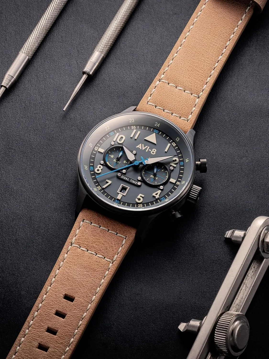 AVI-8 Mens 43.5mm Hawker Hurricane Carey Dual Time Japanese Quartz Pilot Watch with Leather or Stainless Steel Strap AV-4088