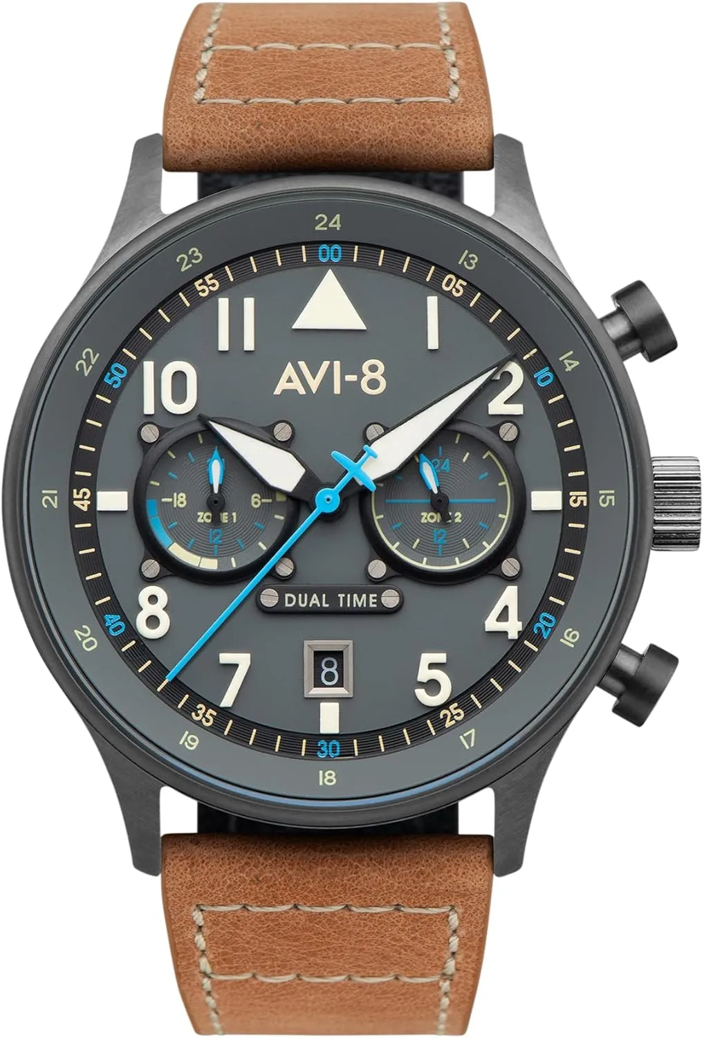 AVI-8 Mens 43.5mm Hawker Hurricane Carey Dual Time Japanese Quartz Pilot Watch with Leather or Stainless Steel Strap AV-4088
