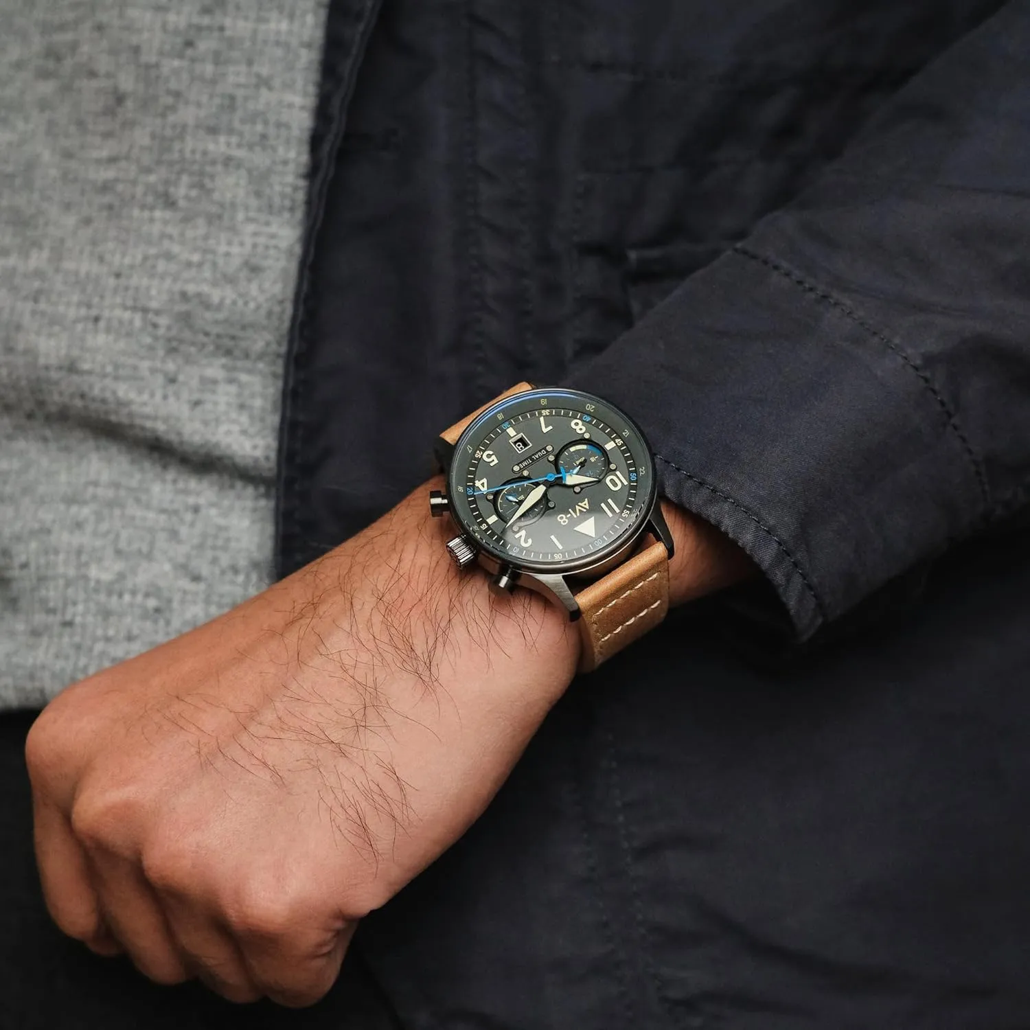 AVI-8 Mens 43.5mm Hawker Hurricane Carey Dual Time Japanese Quartz Pilot Watch with Leather or Stainless Steel Strap AV-4088