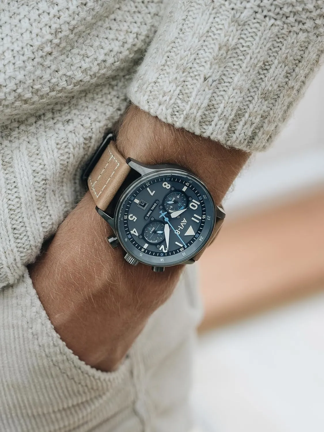 AVI-8 Mens 43.5mm Hawker Hurricane Carey Dual Time Japanese Quartz Pilot Watch with Leather or Stainless Steel Strap AV-4088