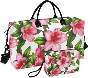 Azalea Flower Leaves White Sports Gym Bag for Women Men Travel Duffel Bag Weekend Overnight Carry on Bag with Toiletry Bag for Plane Workout Swimming Yoga