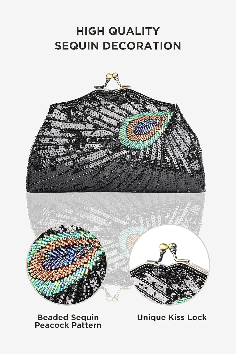 BABEYOND 1920s Flapper Peacock Clutch - Gatsby Sequined Evening Handbag Beaded Bag for Prom Cocktail Party