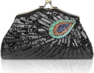 BABEYOND 1920s Flapper Peacock Clutch - Gatsby Sequined Evening Handbag Beaded Bag for Prom Cocktail Party