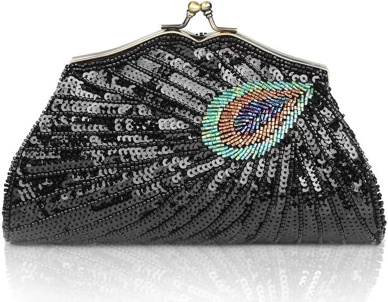 BABEYOND 1920s Flapper Peacock Clutch - Gatsby Sequined Evening Handbag Beaded Bag for Prom Cocktail Party