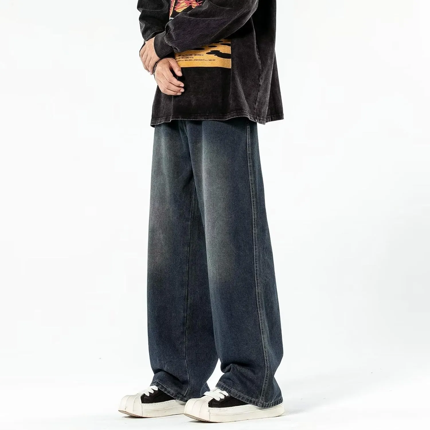 Baggy Jeans Men Elastic Waist Loose Fit Vintage 90s Denim Pants Y2k Hip Hop Straight Leg Skater Jeans Streetwear