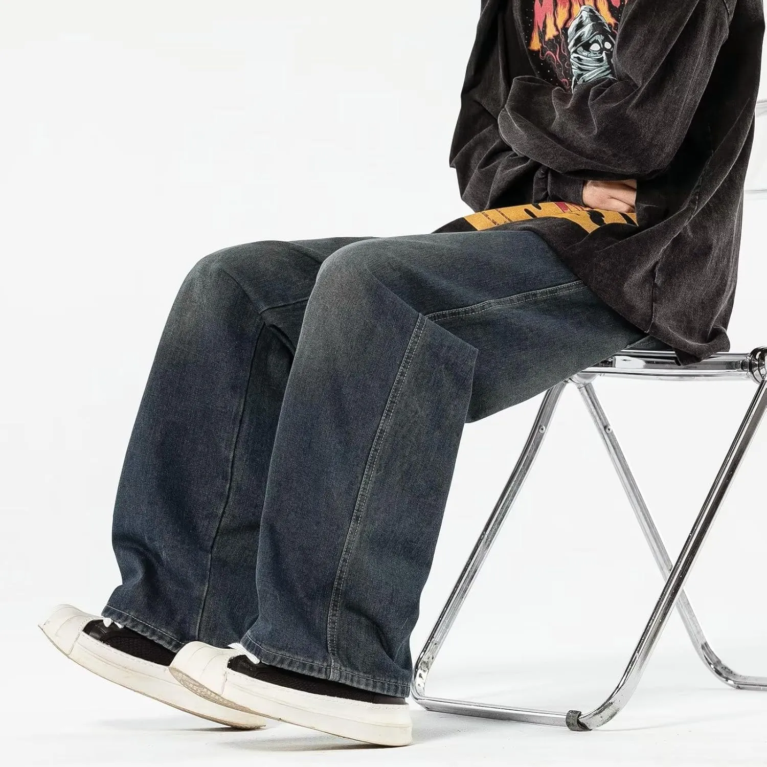 Baggy Jeans Men Elastic Waist Loose Fit Vintage 90s Denim Pants Y2k Hip Hop Straight Leg Skater Jeans Streetwear