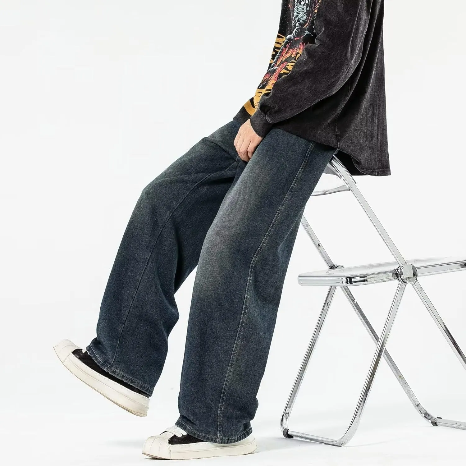 Baggy Jeans Men Elastic Waist Loose Fit Vintage 90s Denim Pants Y2k Hip Hop Straight Leg Skater Jeans Streetwear