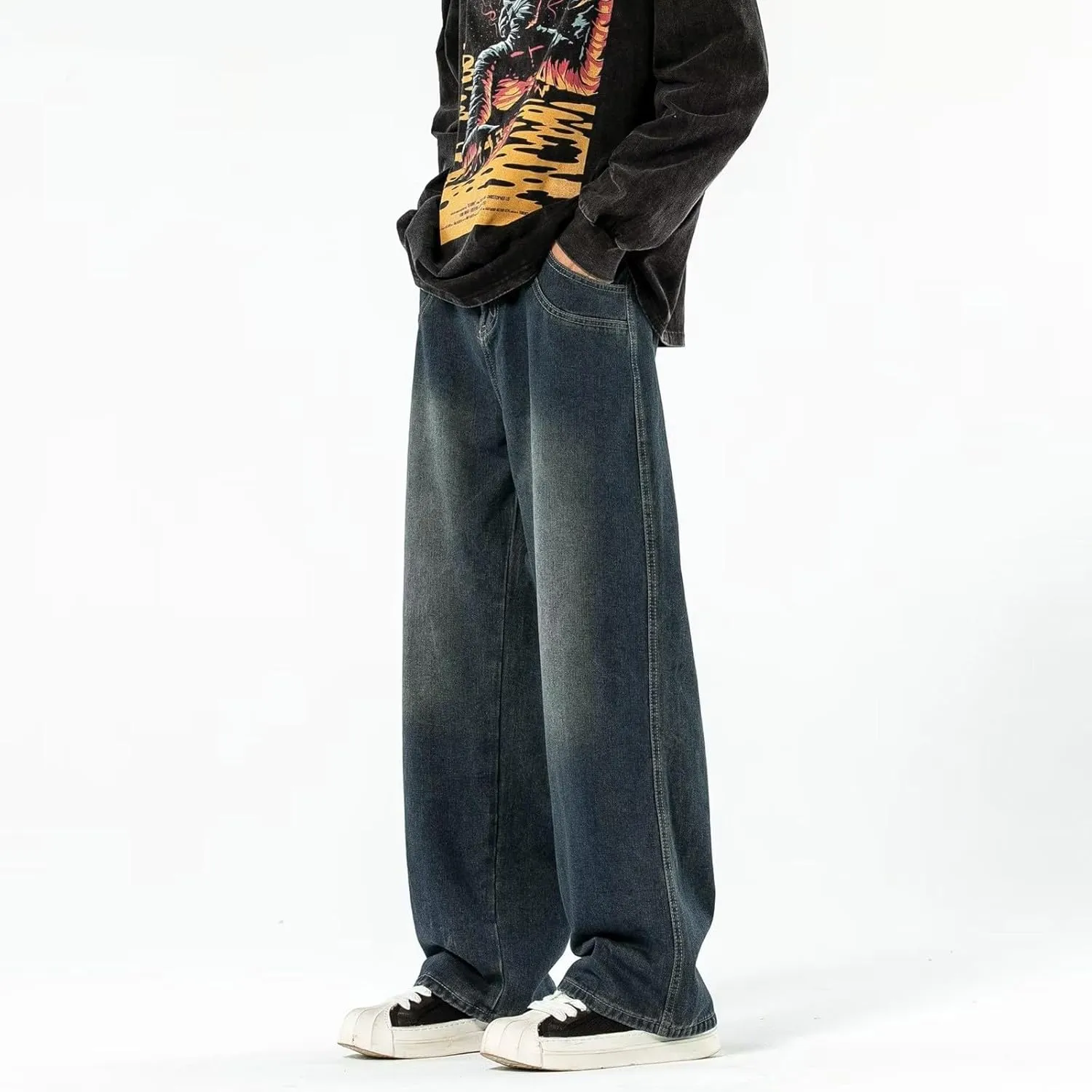 Baggy Jeans Men Elastic Waist Loose Fit Vintage 90s Denim Pants Y2k Hip Hop Straight Leg Skater Jeans Streetwear