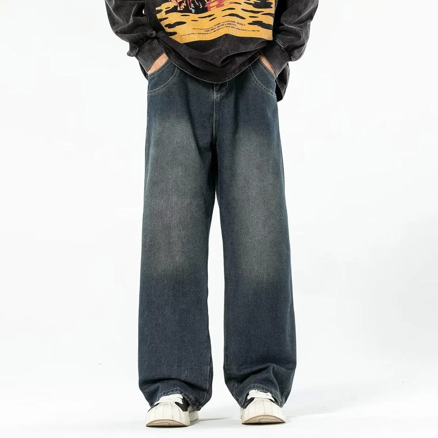 Baggy Jeans Men Elastic Waist Loose Fit Vintage 90s Denim Pants Y2k Hip Hop Straight Leg Skater Jeans Streetwear