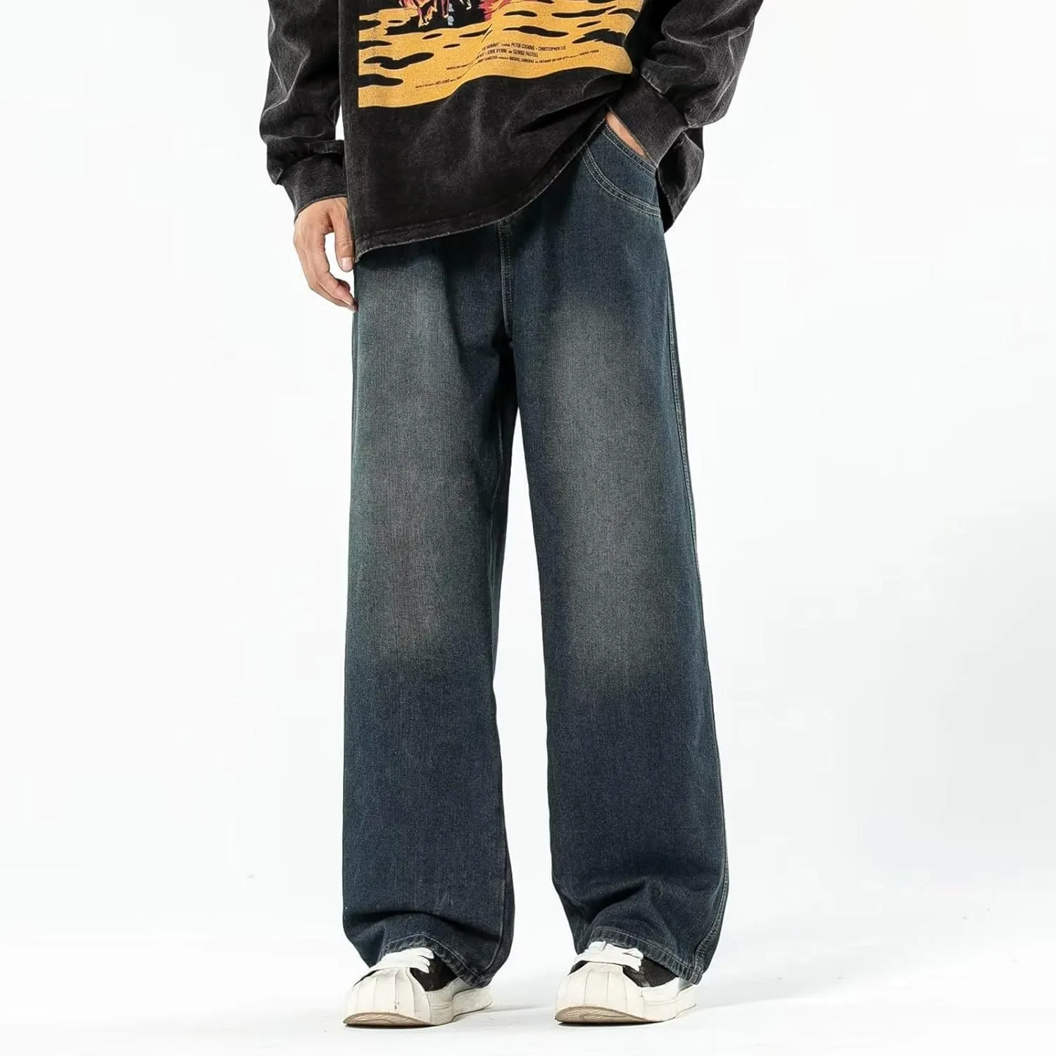 Baggy Jeans Men Elastic Waist Loose Fit Vintage 90s Denim Pants Y2k Hip Hop Straight Leg Skater Jeans Streetwear