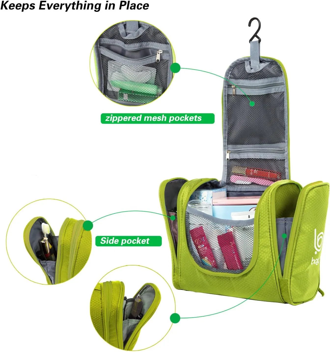 bago Travel Toiletry Bag for Women and Men - Large Waterproof Hanging Large Toiletry Bag for Bathroom and Travel Bag for Toiletries Organizer -Travel Makeup Bag (Green)