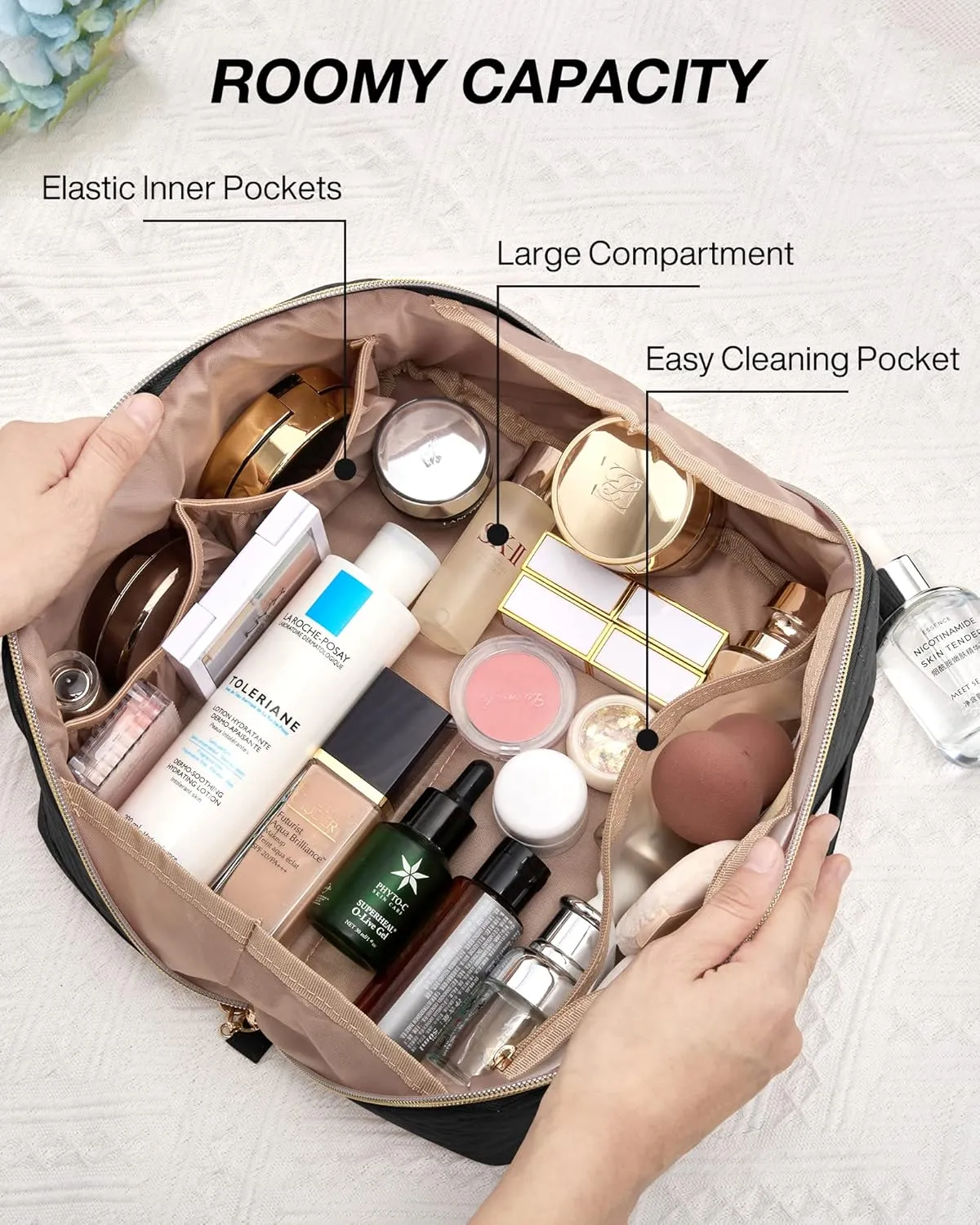 BAGSMART Makeup Bag Cosmetic Bag, Travel Makeup Bag,Water-resistent Makeup Bags for Women Portable Pouch Open Flat Make Up Organizer Bag for Toiletries, Brushes Black