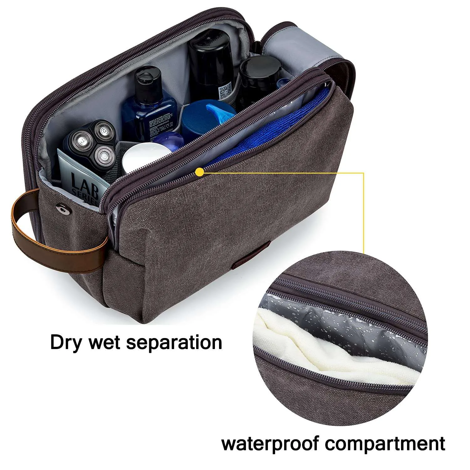 BAGSMART Toiletry Bag for Men, Canvas Travel Toiletry Organizer Dopp Kit Water-resistant Shaving Bag for Toiletries Accessories,Grey-Large