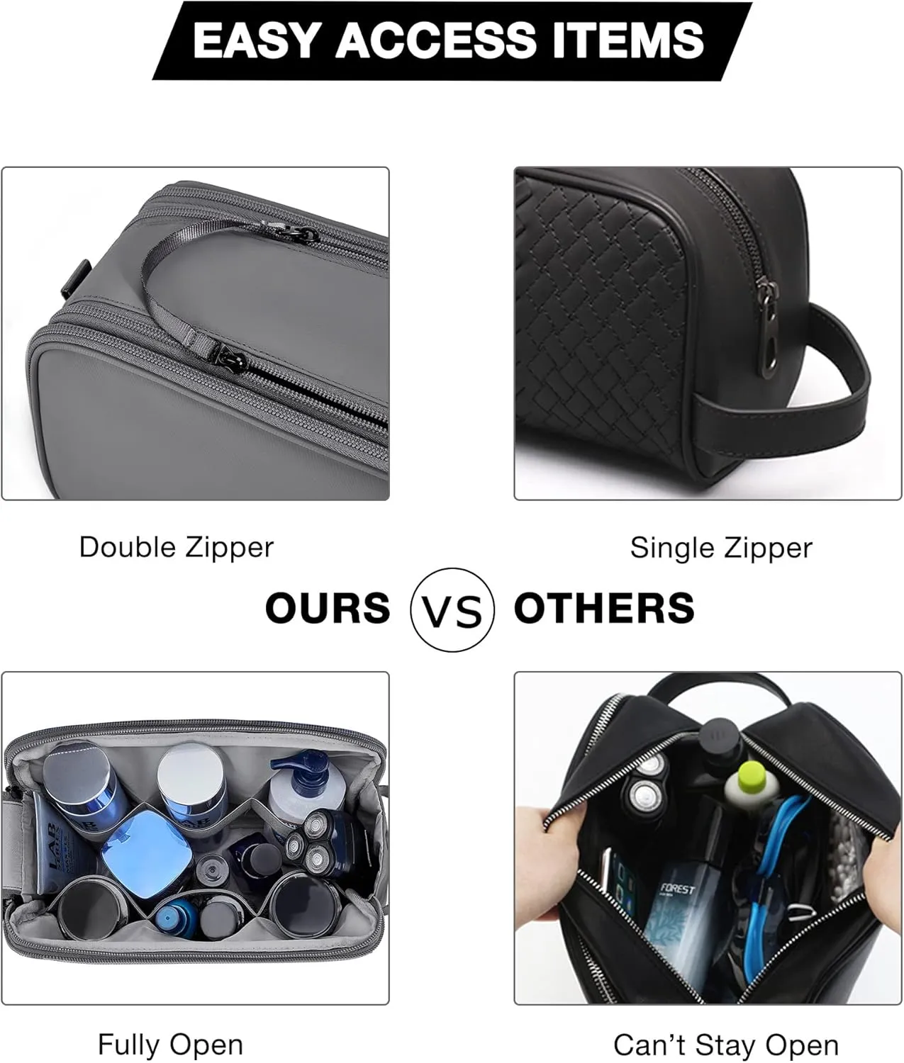 BAGSMART Toiletry Bag for Men, Travel Toiletry Organizer Dopp Kit Water-resistant Shaving Bag for Toiletries Accessories, Door Room Essentials,Grey-large