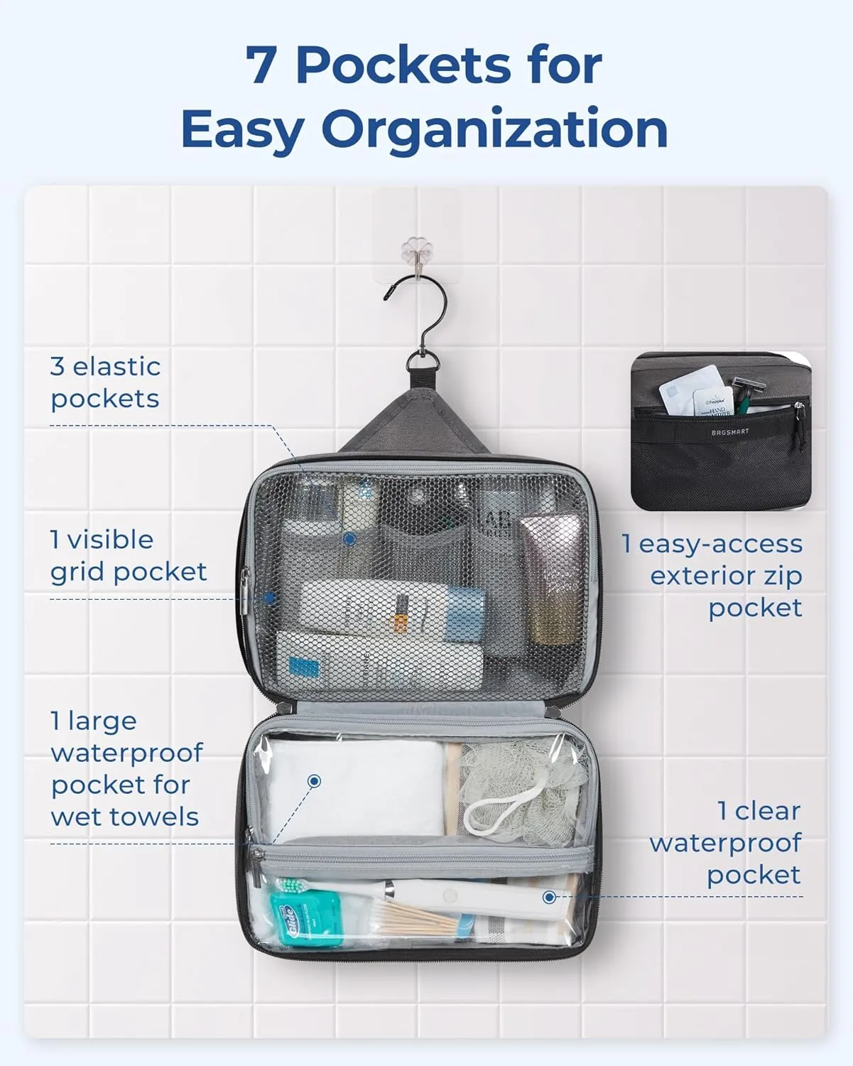 BAGSMART Toiletry Bag for Men/Women, Hanging Dopp Kit Water Resistant Shaving Bag - Large Travel Toiletry Bag with Metal Double Zipper and Handle, Beige