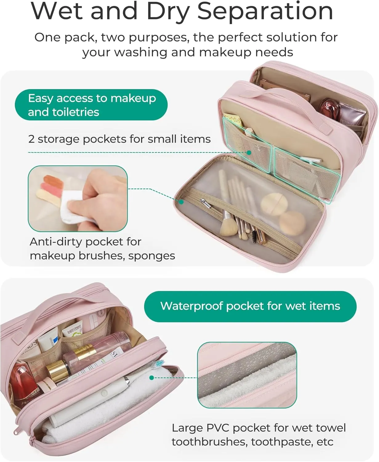 BAGSMART Toiletry Bag for Women, Wide-open Makeup Bag Organizer for Travel Essentials Travel-size, Water-resistant Large Capacity Cosmetic Bag for Accessories, Shampoo, Toiletries with Handle, Beige