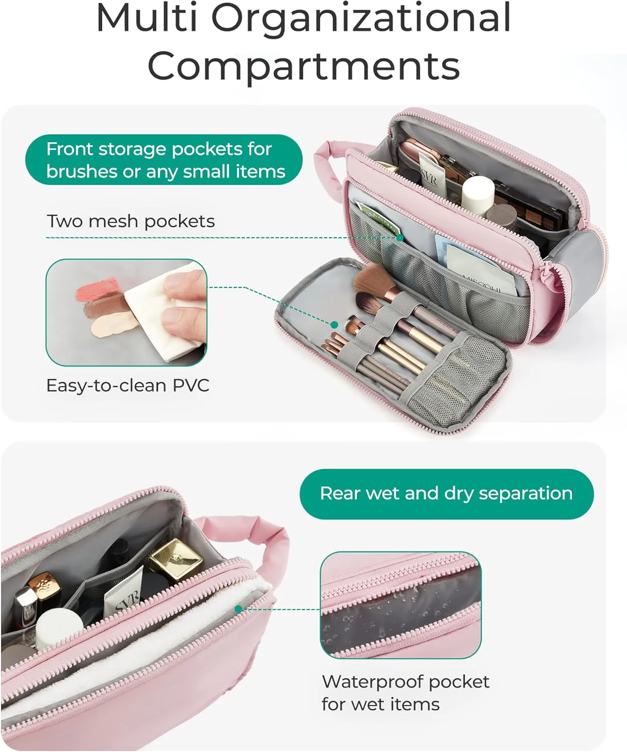 BAGSMART Travel Makeup Bag Organizer, Puffy Make Up Bag, Cosmetic Organizer Case for Travel Essentials Toiletries Accessories Bottles, Brushes (Pink)