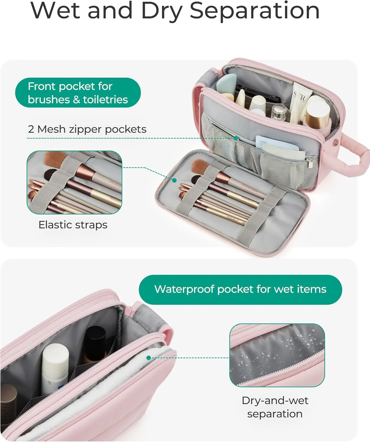 BAGSMART Travel Toiletry Bag for Women, Puffy Cosmetic Makeup Bag Organizer, Large Wide-open Travel Organizer for Toiletries, Dopp Kit Water-resistant Makeup Case for Accessories-Beige